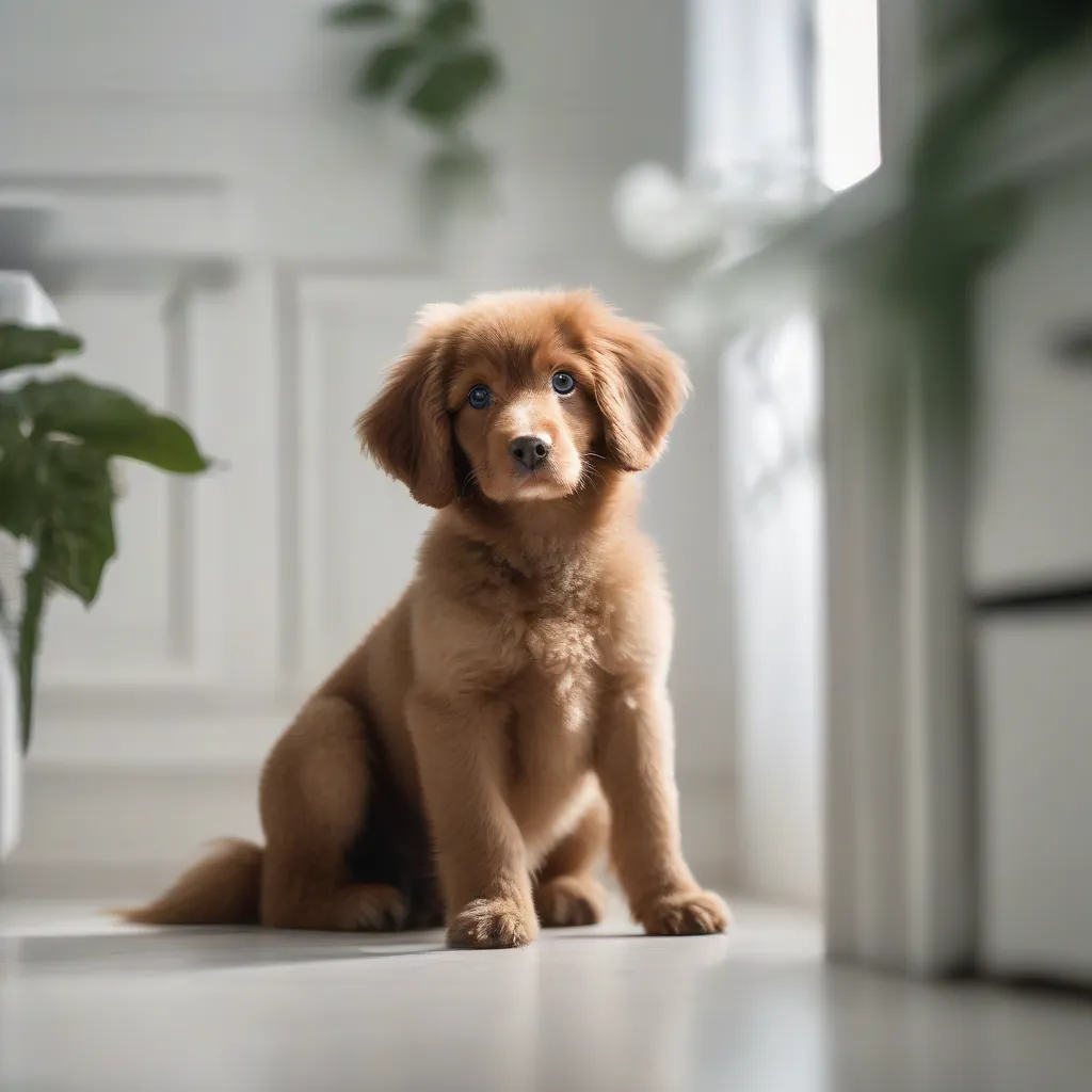 Cachorrinha marrom fofa e preocupada sentada no chão branco com fezes líquidas ao lado.