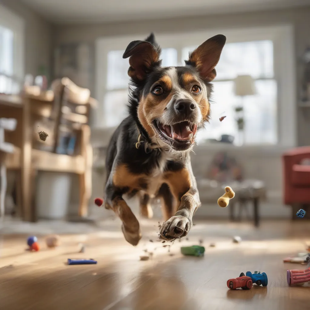 Cão de porte médio, com pelagem castanha e branca, correndo em círculos em uma sala de estar com piso de madeira, brinquedos espalhados e móveis danificados, com luz natural entrando por uma janela grande.