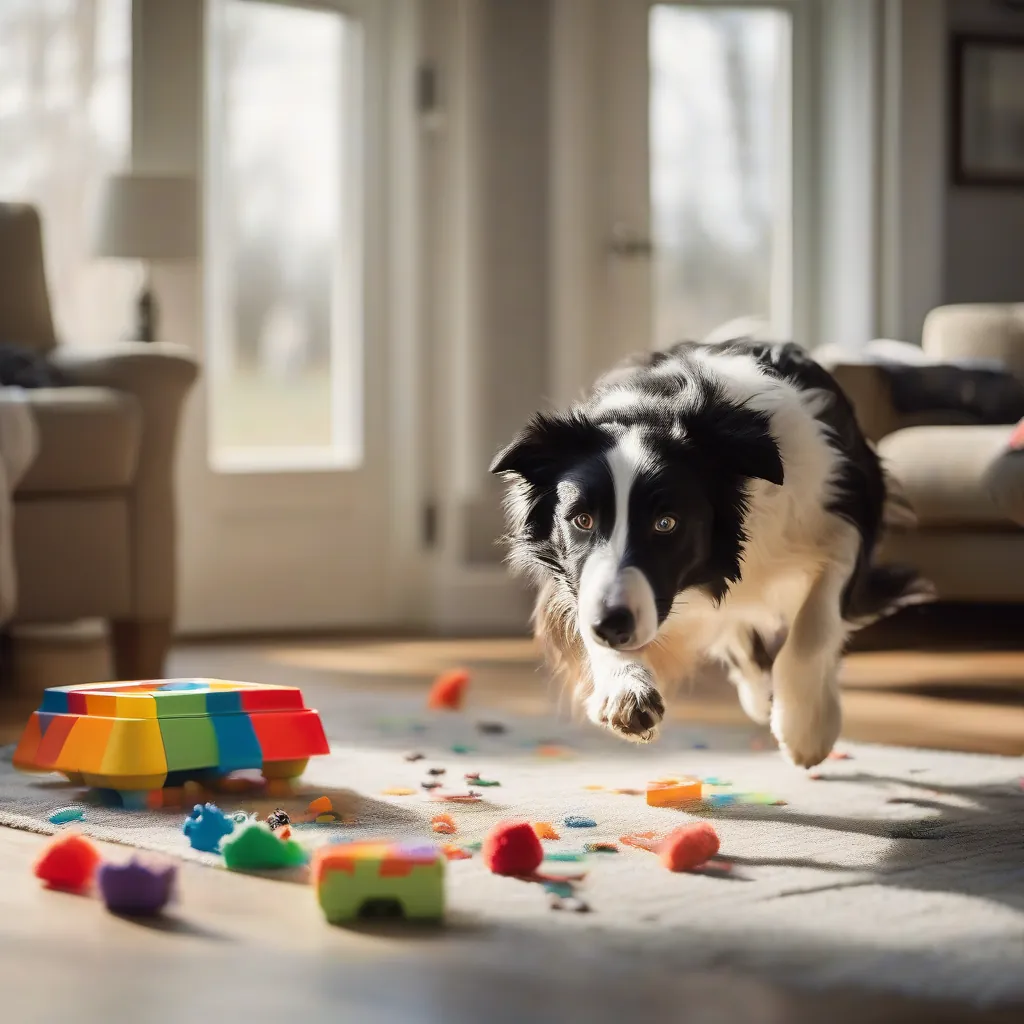 Border Collie correndo na sala iluminada, perseguindo um brinquedo colorido ao lado de cama e comedouro interativo.