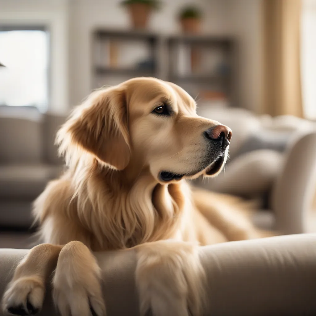 Cachorro dourado com olhar preocupado, tremendo levemente a cabeça, em ambiente aconchegante.
