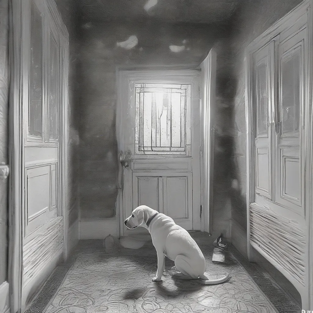Cão assustado em ambiente interno durante tempestade com relâmpago ao fundo.