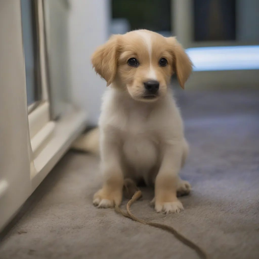 Cachorro de porte pequeno escondido atrás de móvel, com expressão de medo.