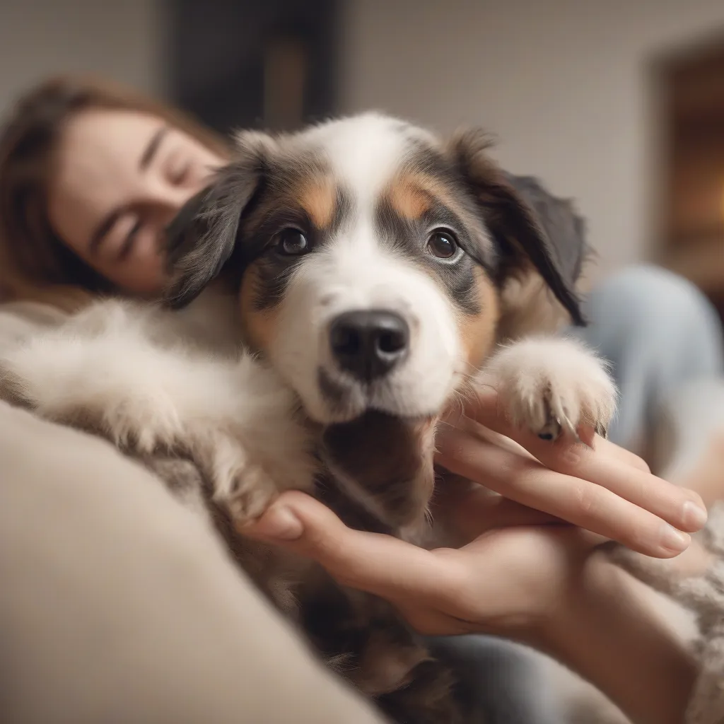 Um filhote de cachorro fofo e preocupado, de pelagem fofa, mordendo um brinquedo em um chão aconchegante de sala de estar com luz suave.