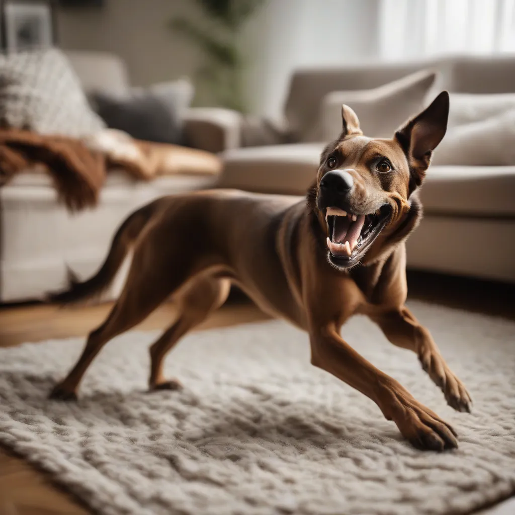 Cão castanho com orelhas caídas e rabo abanando, com expressão de medo e estresse, mostrando os dentes.