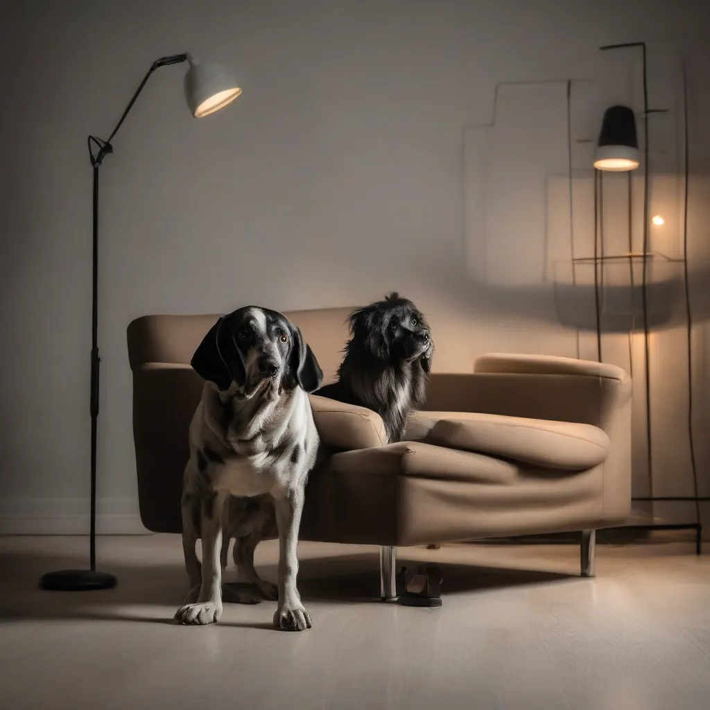 Um cachorro castanho com focinho preto sentado no sofá, parecendo tossir, em uma sala aconchegante.