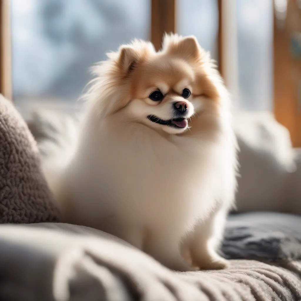 Cão pomerânia branco e fofo tremendo em um ambiente frio.