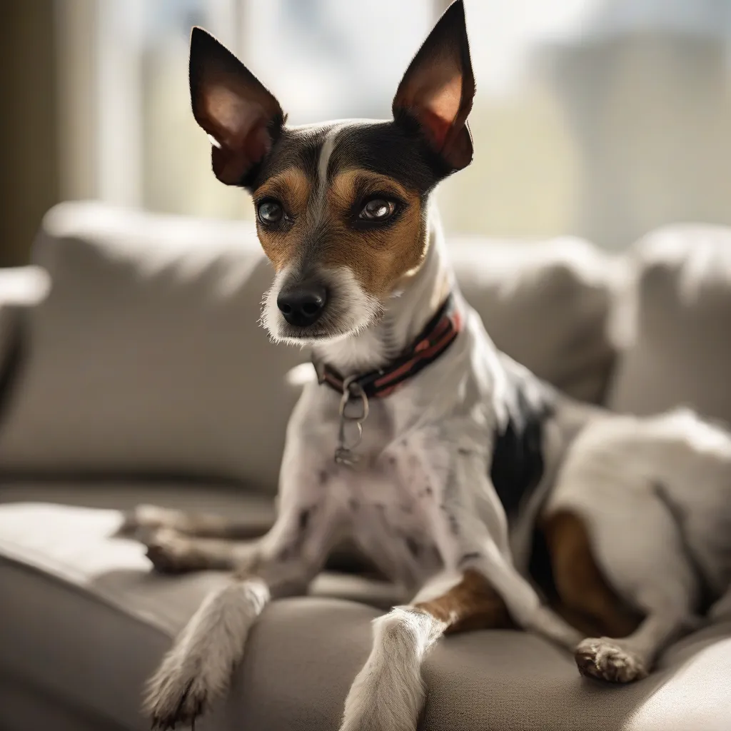 Cão de raça Terrier Brasileiro sentado sozinho no sofá com olhar triste