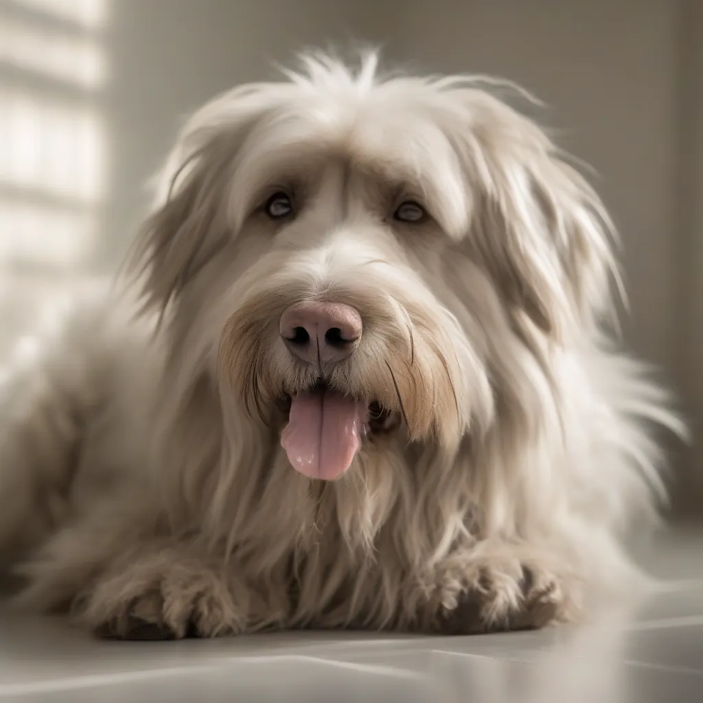 Cão de pelagem fofa e fofinho sentado sozinho no chão, com cara triste e língua de fora.