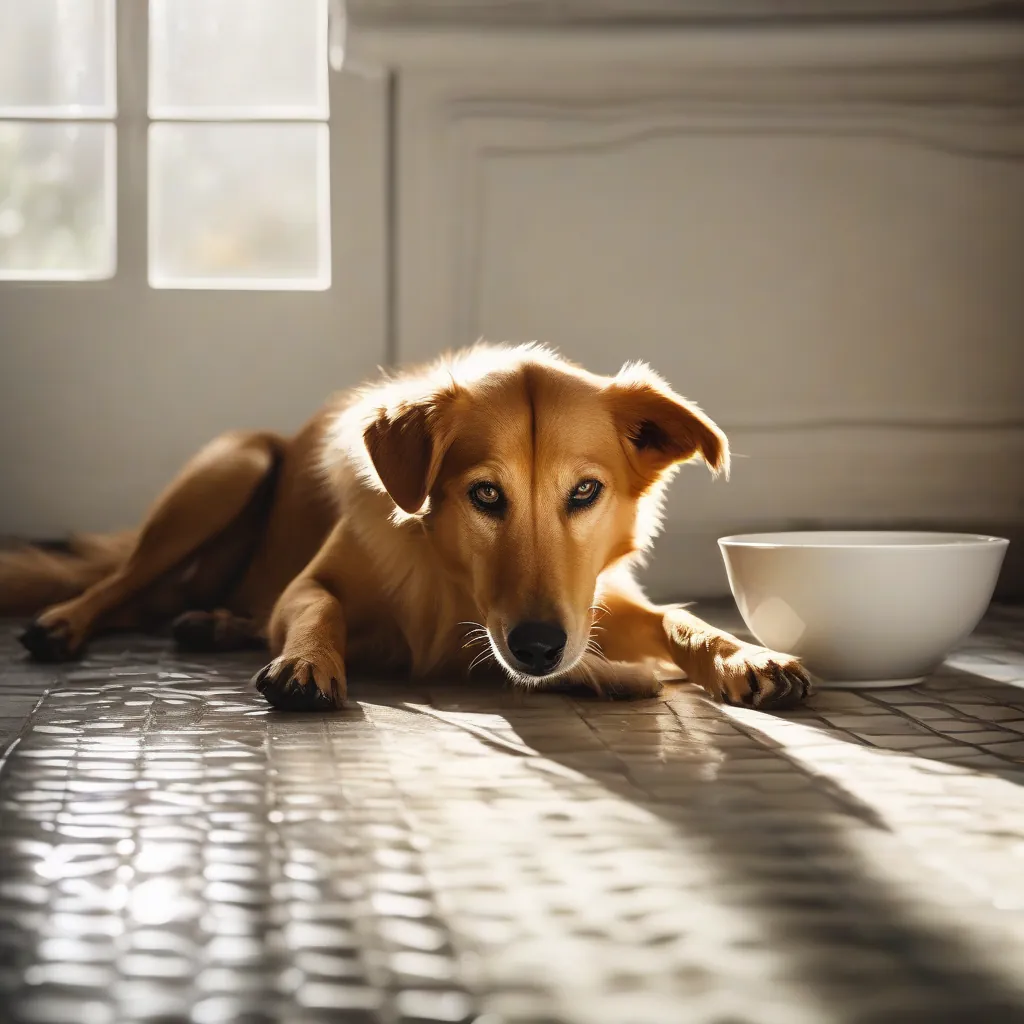 Cão deitado no chão frio com uma tigela de água fresca ao lado, parecendo um pouco letárgico e quente.
