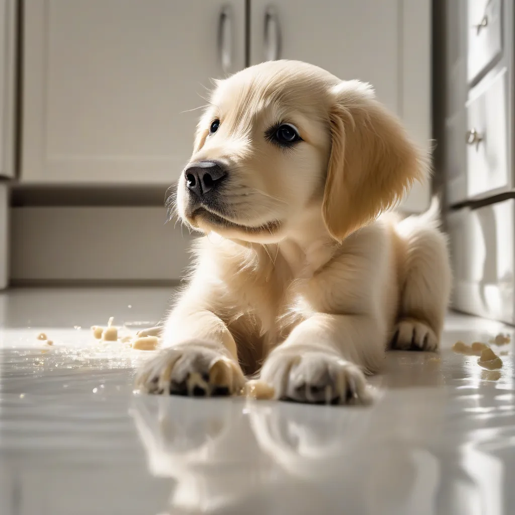 Cachorro dourado olhando para cima com expressão preocupada ao lado de um líquido amarelo no chão.