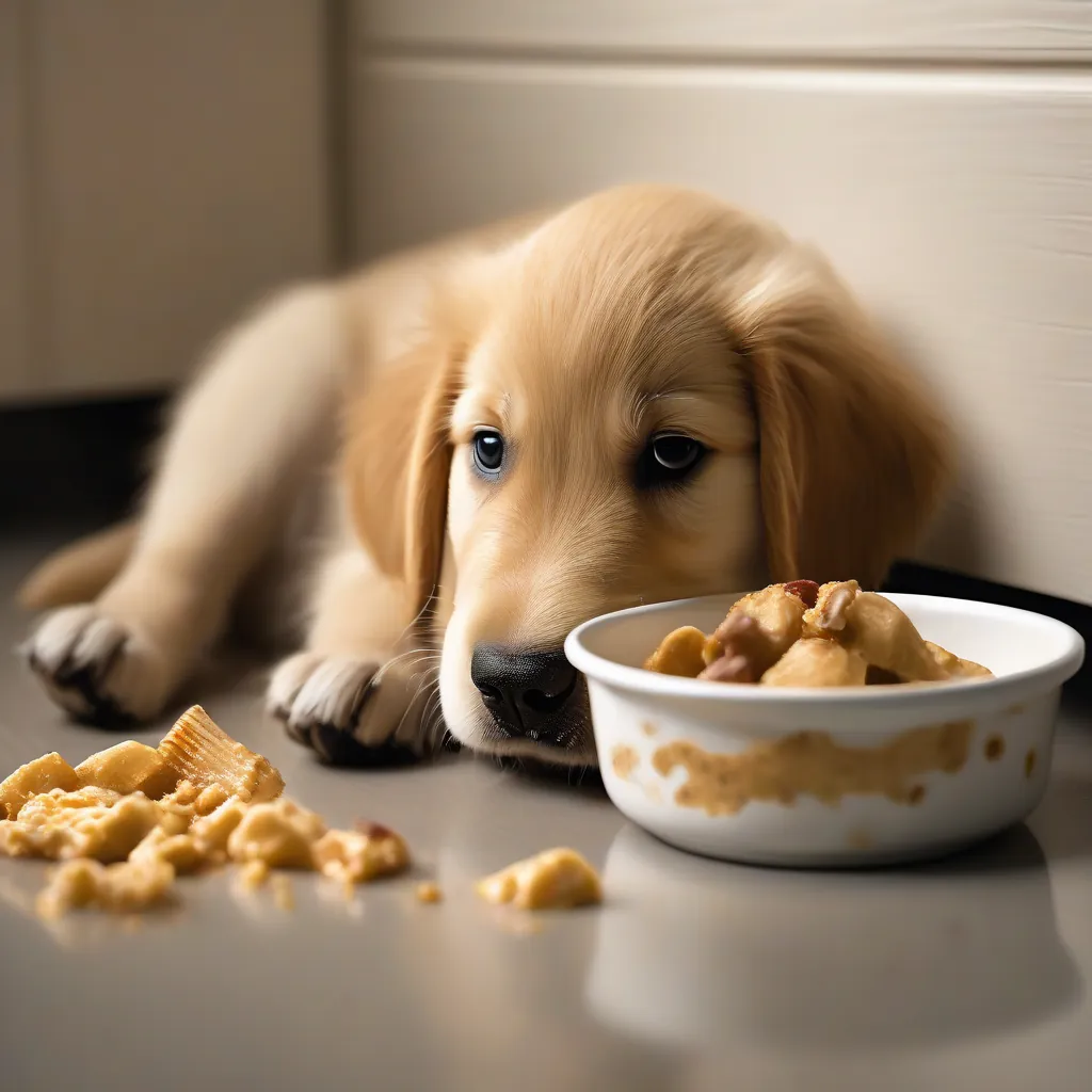 Um filhote de cachorro dourado preocupado ao lado de uma tigela de comida parcialmente comida, com um pouco de vômito no chão por perto.