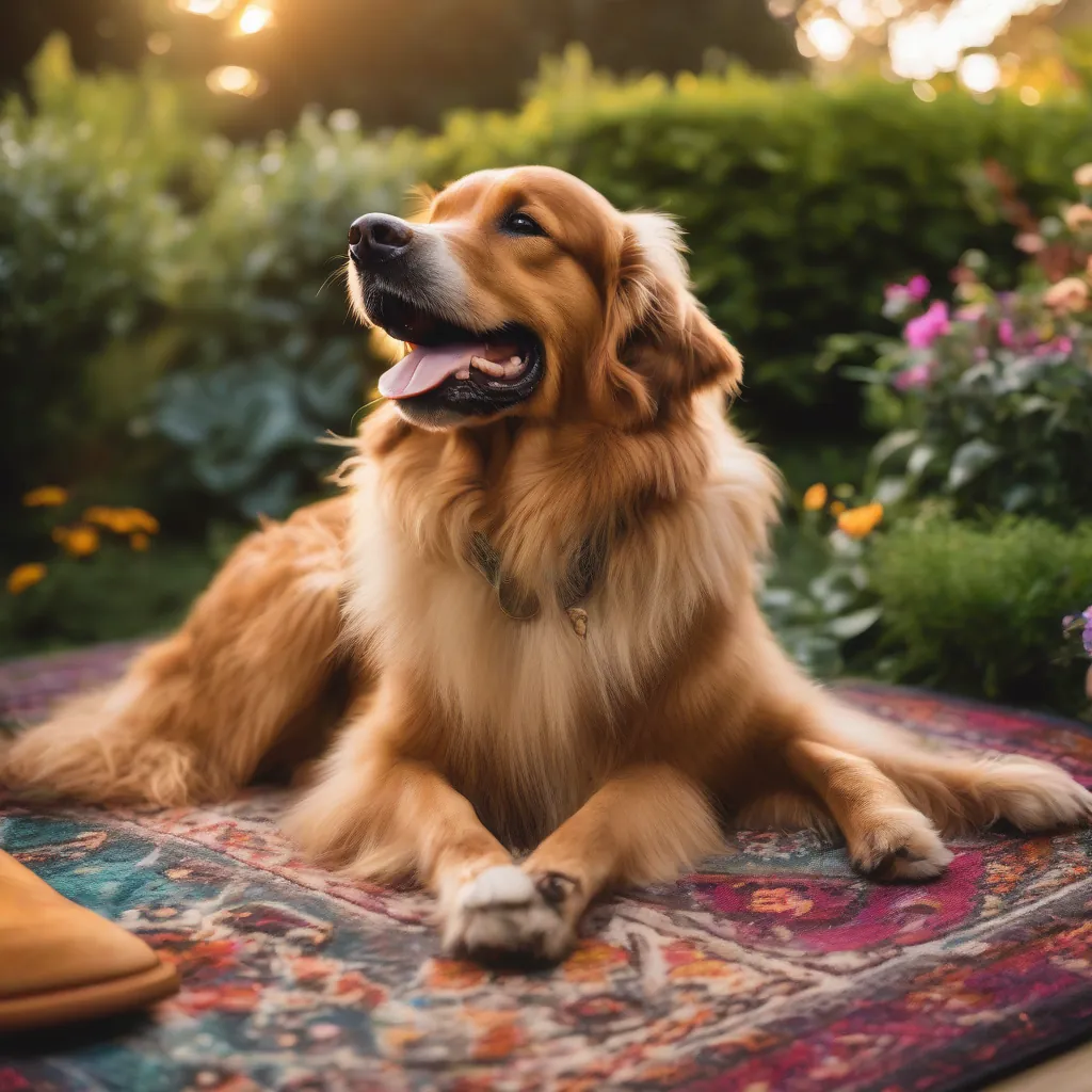 Um cachorro feliz e saudável sentado em uma varanda ensolarada com uma guitarra ao lado.