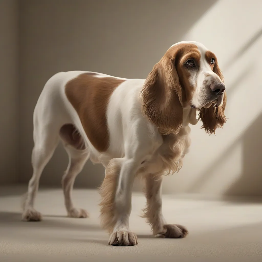 Um cachorro com a cauda baixa, olhando para frente com expressão preocupada, em um ambiente simples e com luz natural suave.