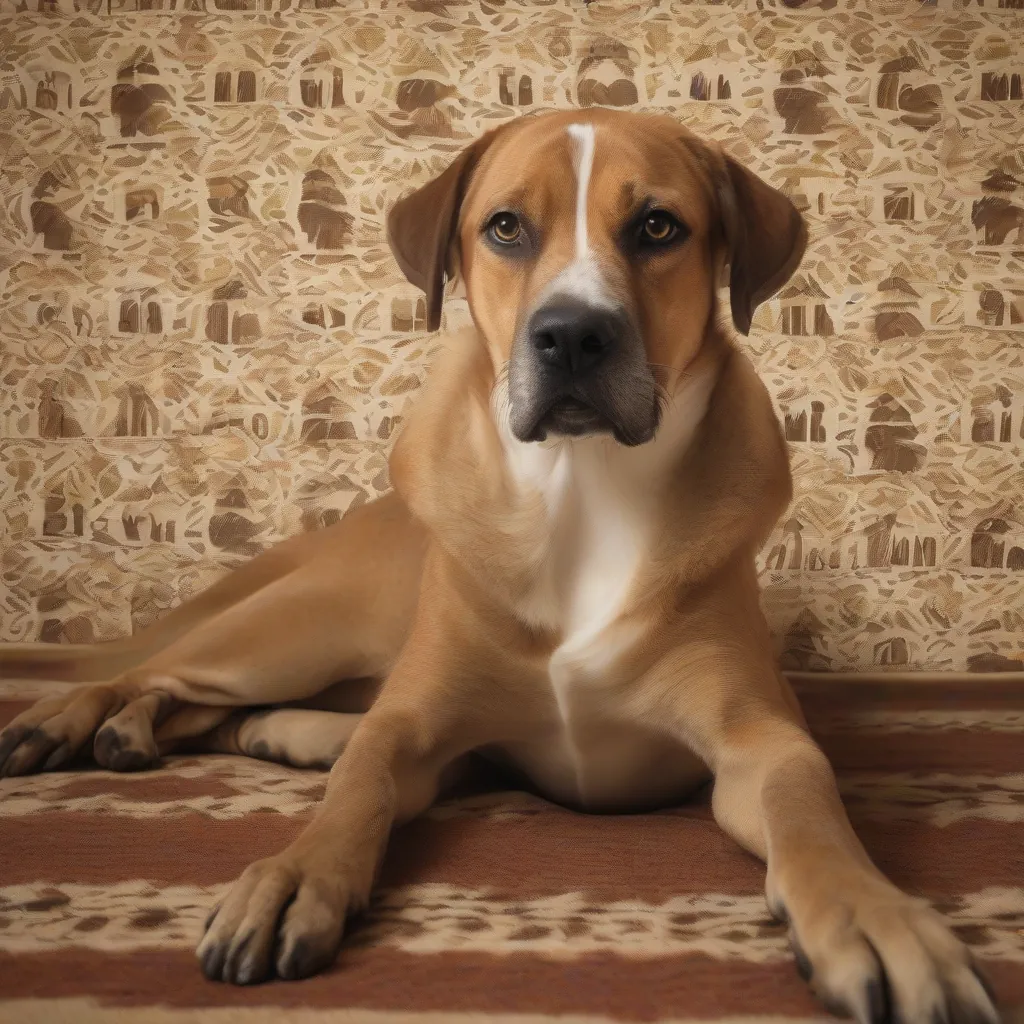 Cão marrom deitado em tapete macio em sala fresca com janela aberta.