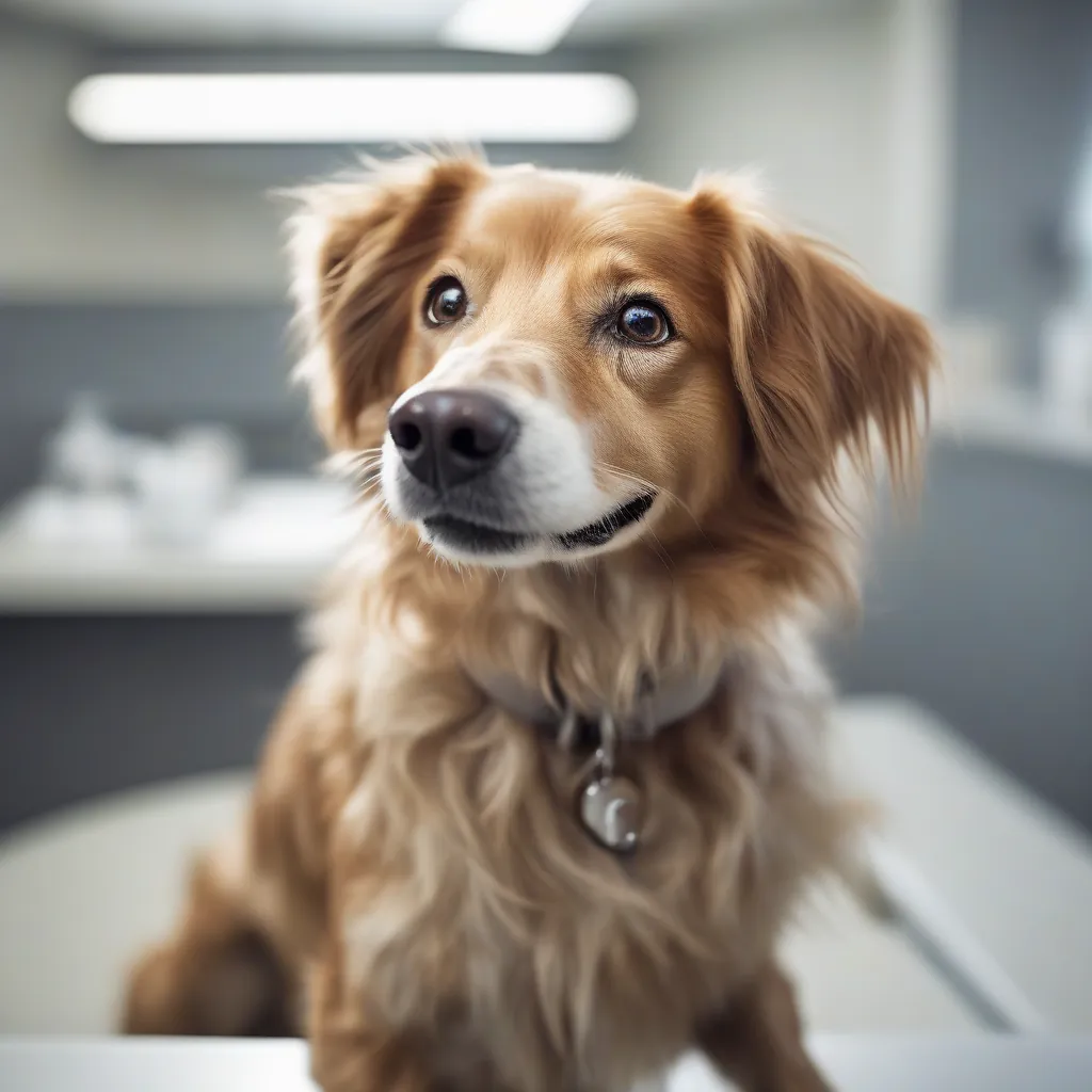 Cão feliz e saudável sentado em uma mesa de exame de clínica veterinária, com luz natural e expressão amigável.