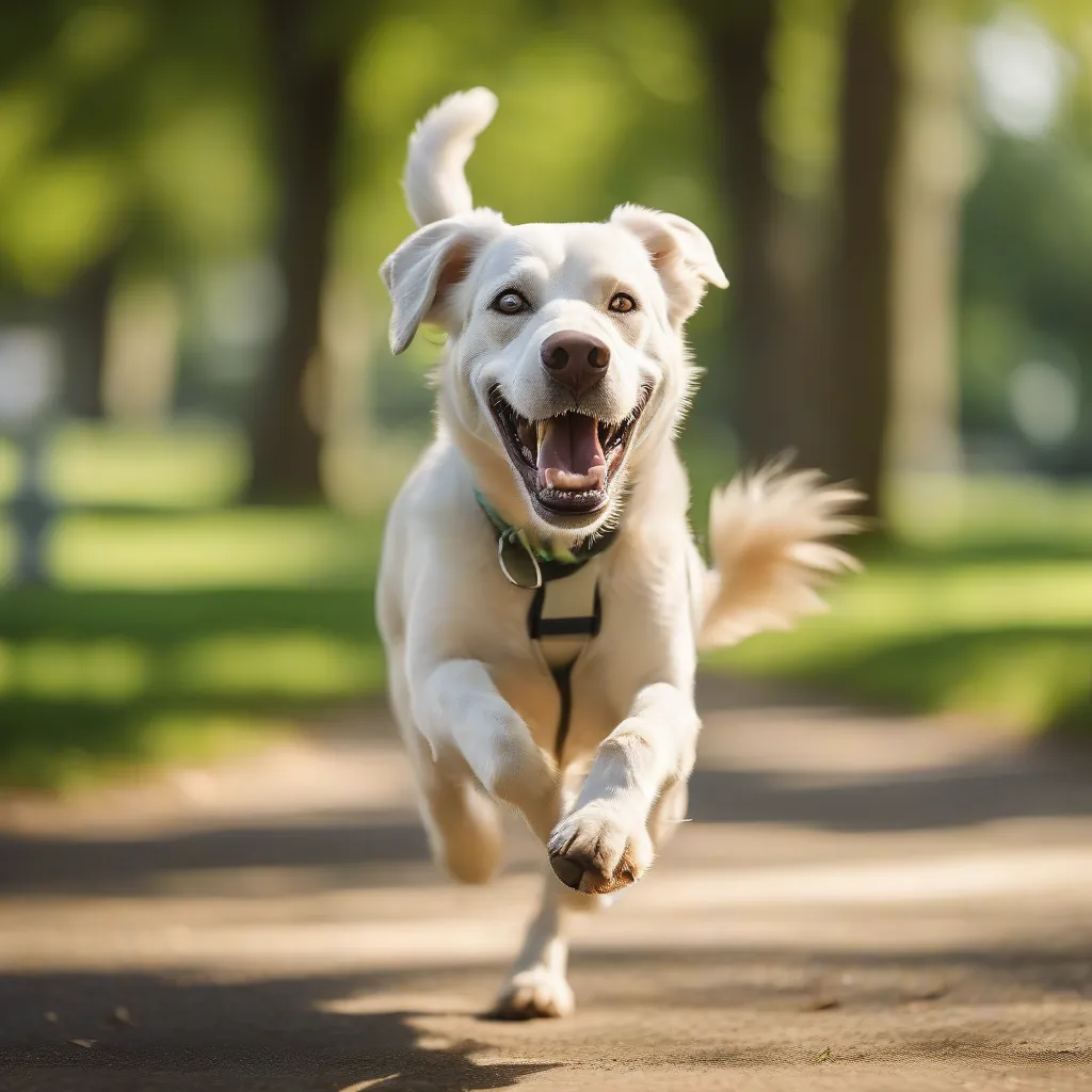 Cão feliz e saudável correndo em um parque verde e gramado ao ar livre.