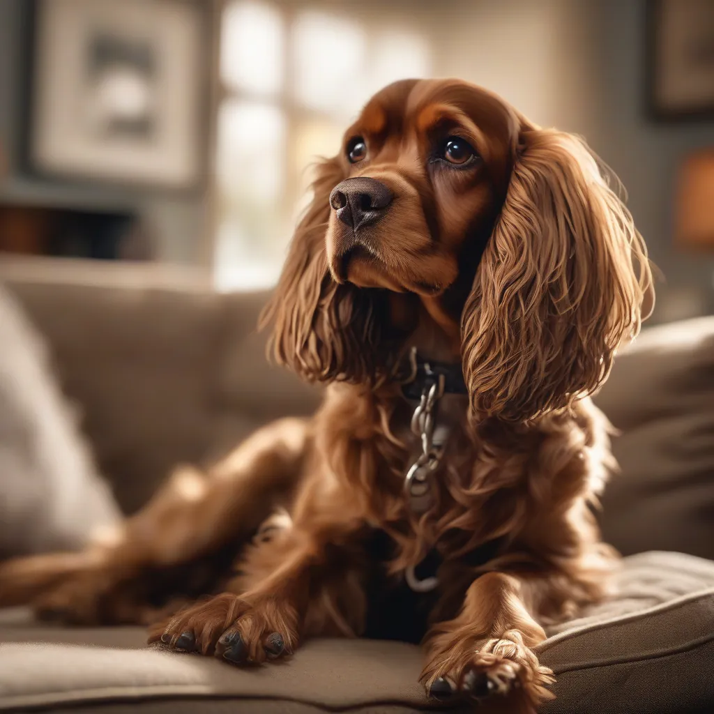 Cão marrom estressado com as patas levantadas, recusando corte de unhas em ambiente caseiro aconchegante.