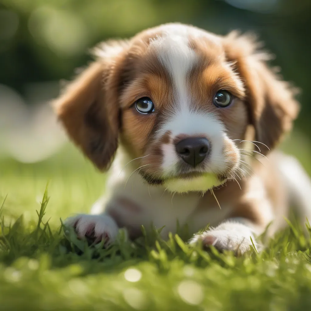 Um filhote de cachorro pequeno e fofo tentando comer suas próprias fezes em um quintal verde e ensolarado.