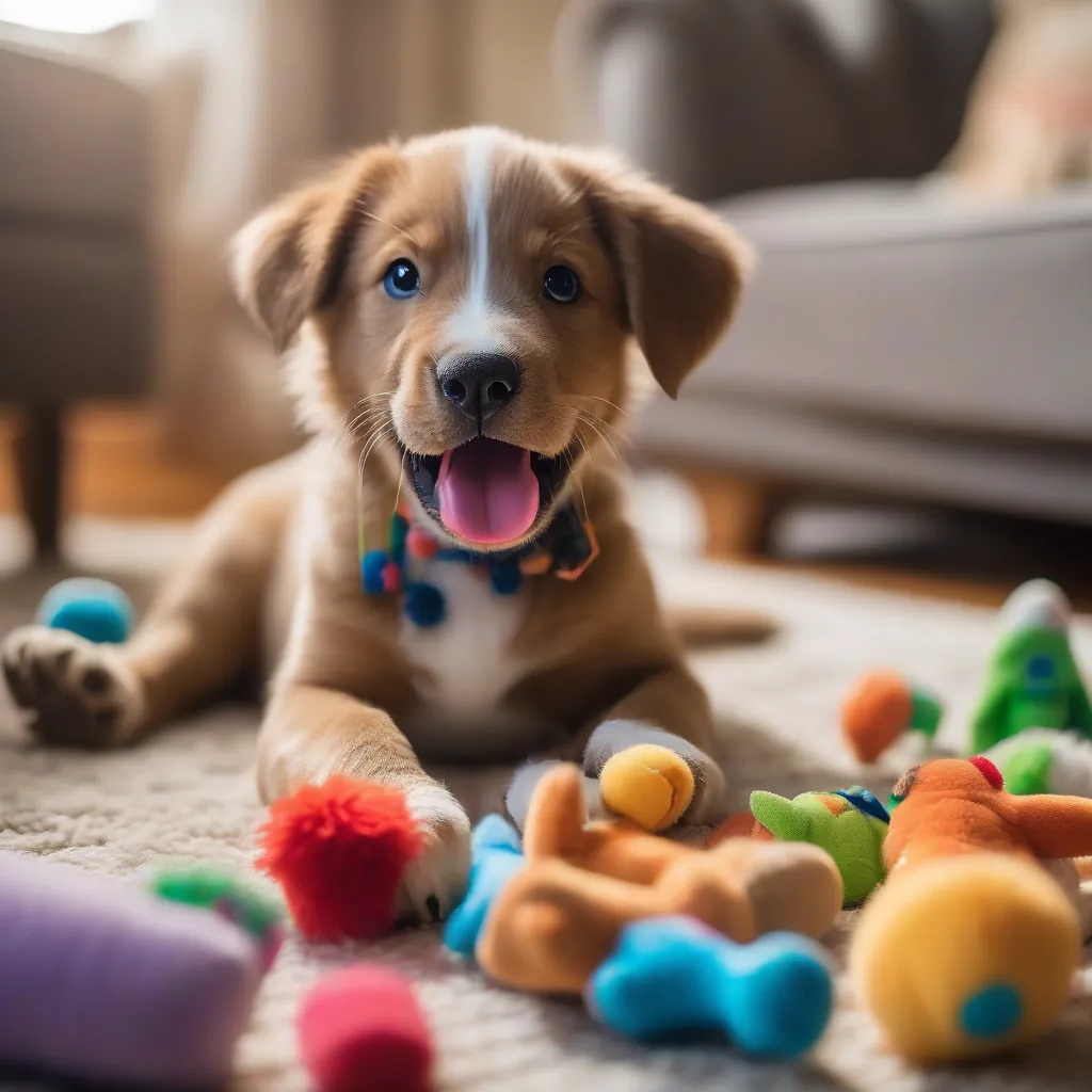 Um filhote de cachorro brincando com um brinquedo, rodeado de outros brinquedos macios e pelúcias em um ambiente aconchegante e iluminado.