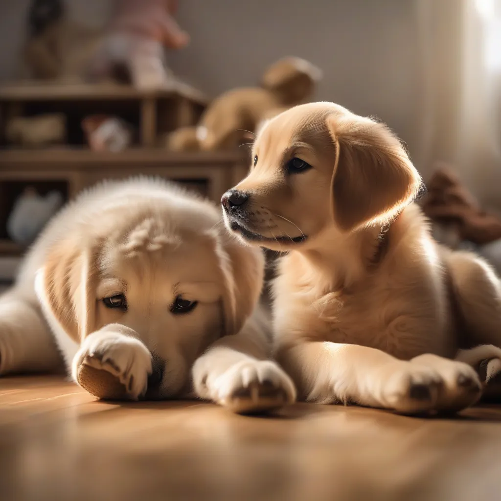 Um filhote de cachorro fofo e peludo está mordendo a mão de alguém em uma sala aconchegante com almofadas e brinquedos.