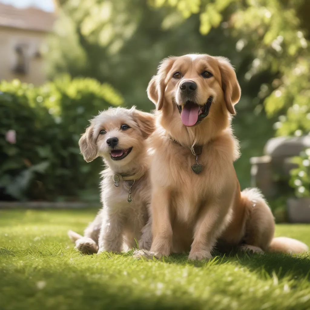 Dois cães, um filhote e um adulto, brincando ao ar livre em um ambiente verde e ensolarado, ambos com pelos brilhantes e olhos saudáveis.