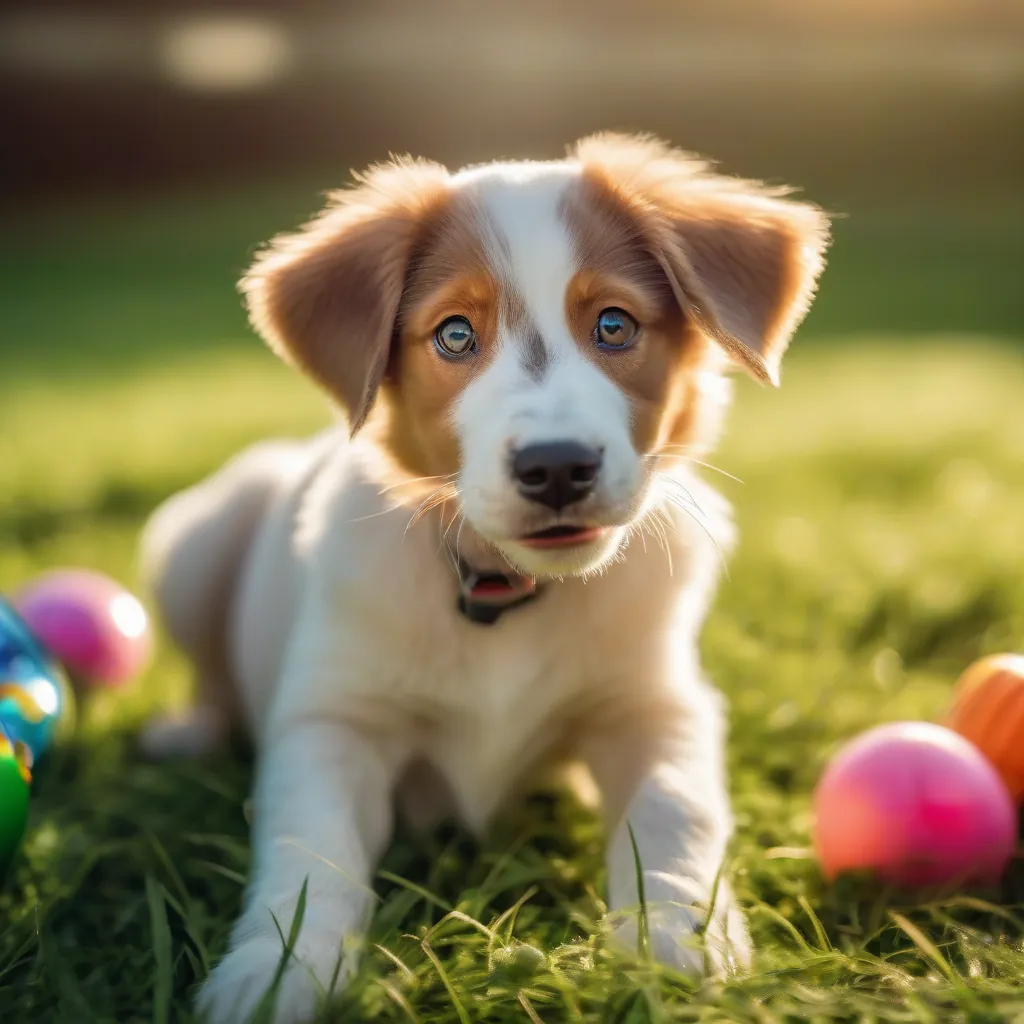 Cachorrinho feliz e saudável em um campo de grama verde com brinquedos ao redor.