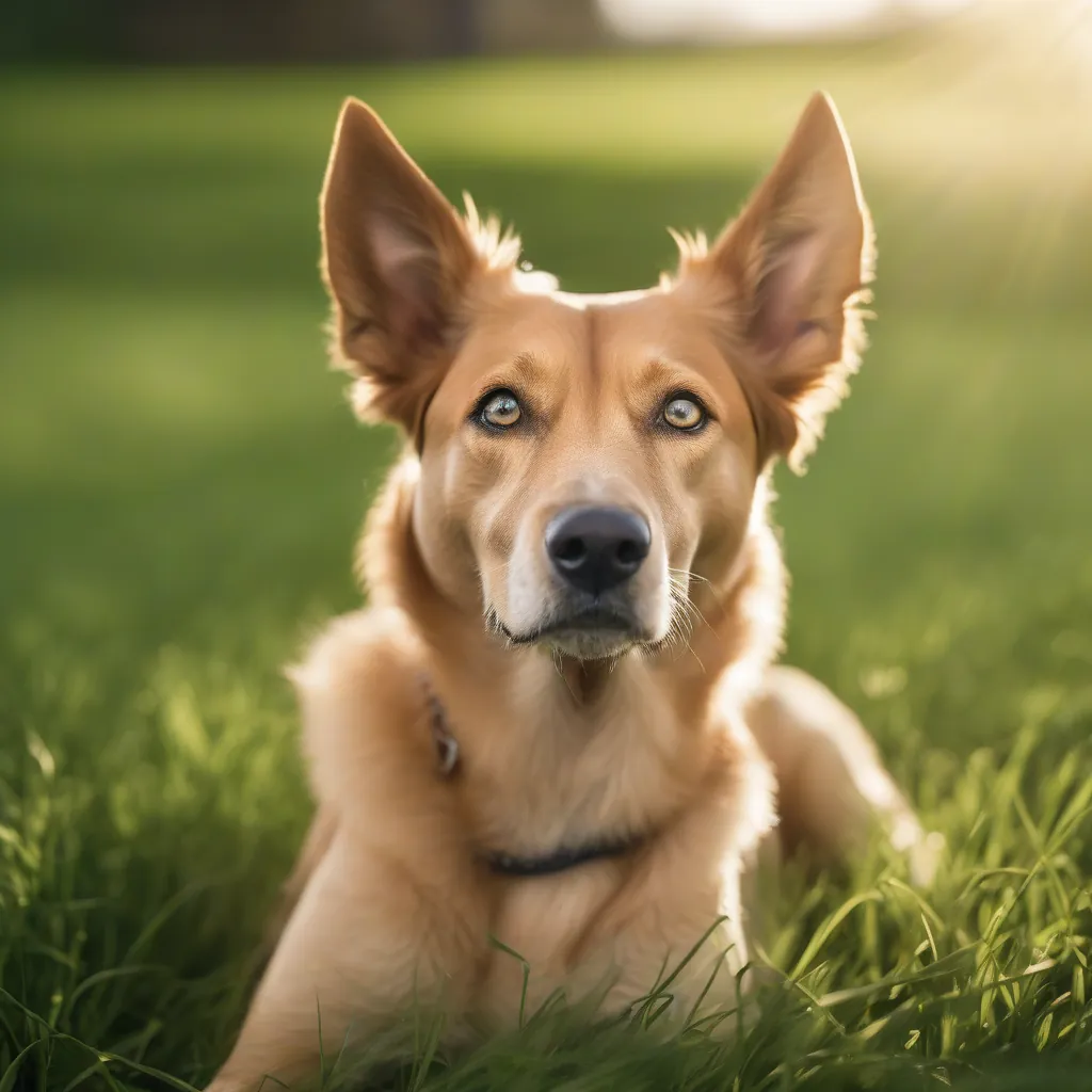 Um cachorro bonito e saudável, de pelagem brilhante e olhos vivos, sentado em um gramado verde, sob a luz suave do sol.
