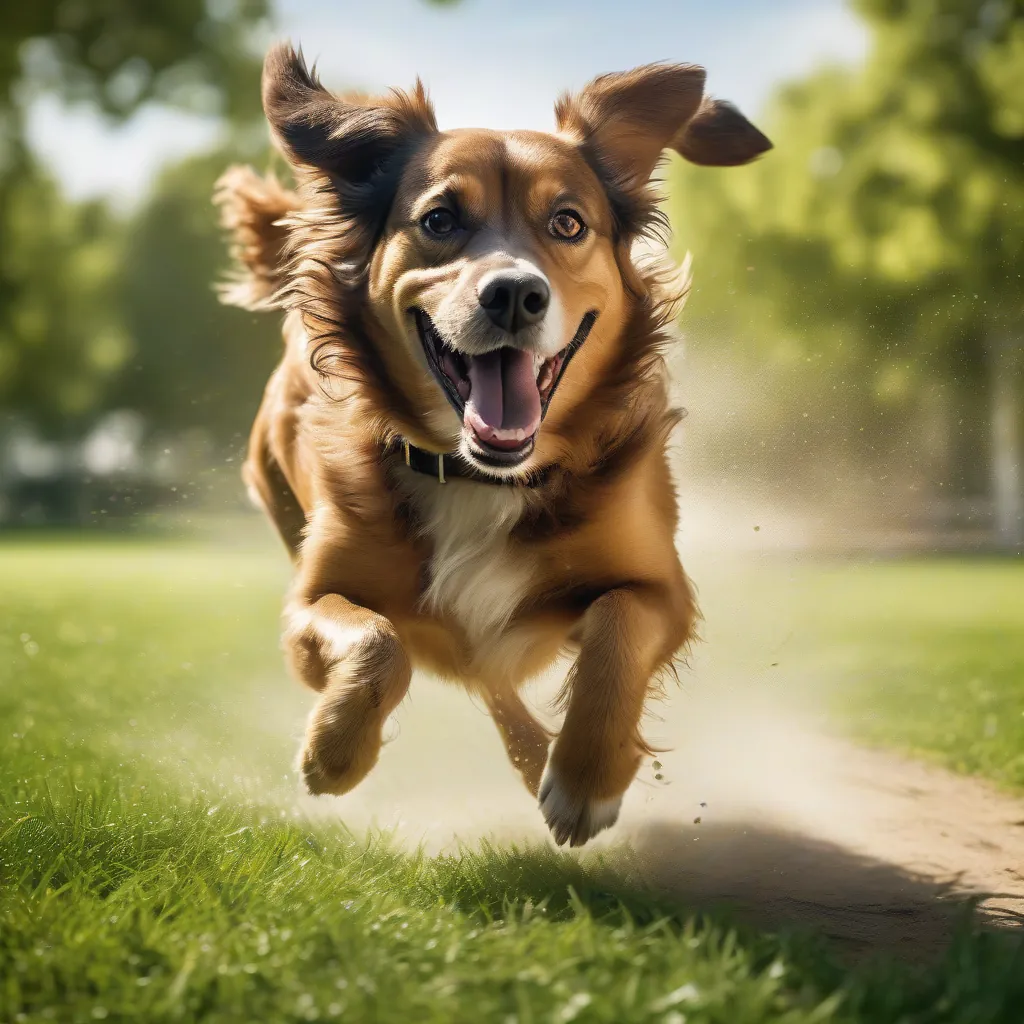 Um cachorro sorridente e saudável correndo em um parque verde e ensolarado.