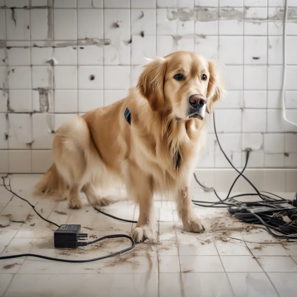 Cão dourado assustado ao lado de uma tomada elétrica destruída com faíscas.