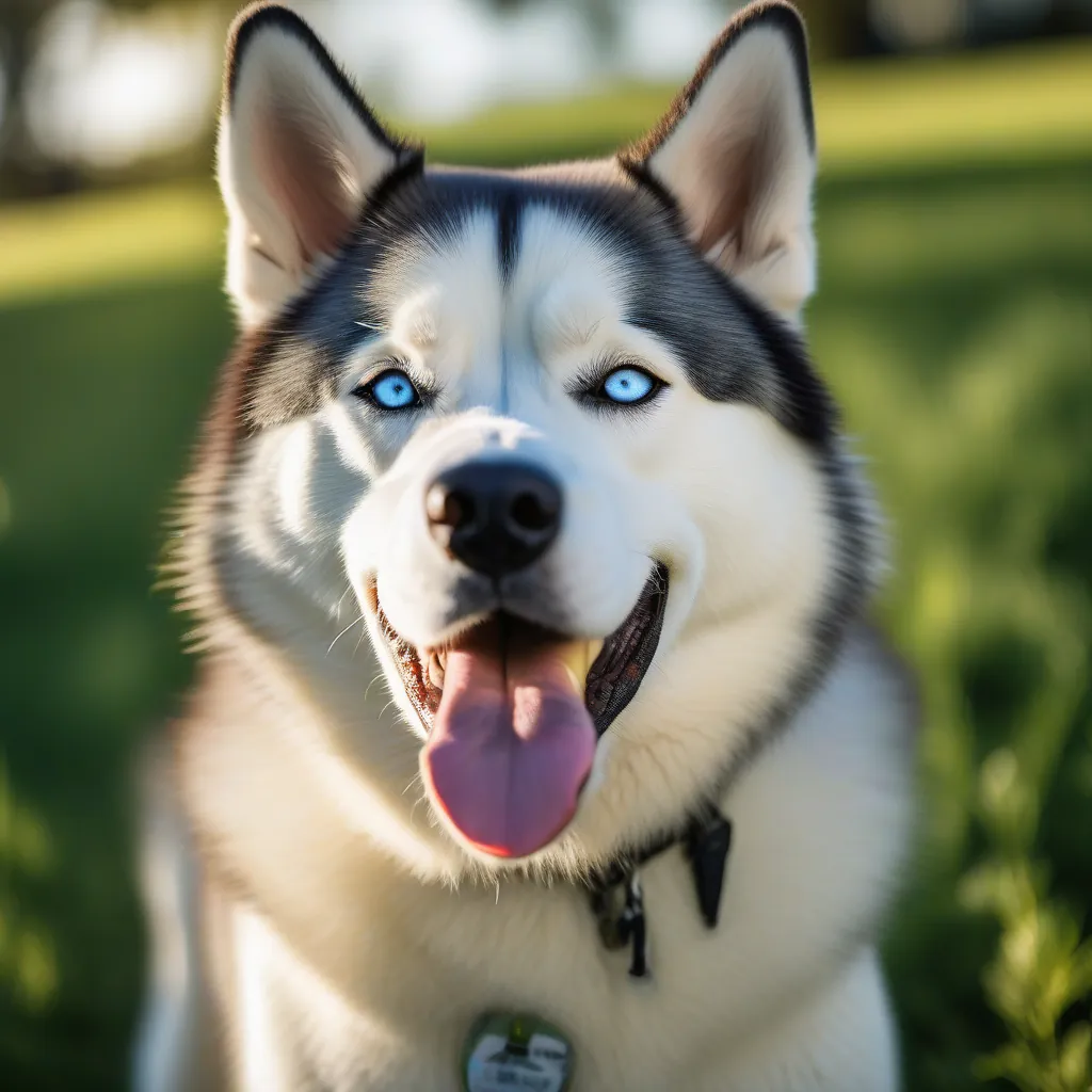Um husky siberiano saudável e feliz em um ambiente verde e ensolarado.
