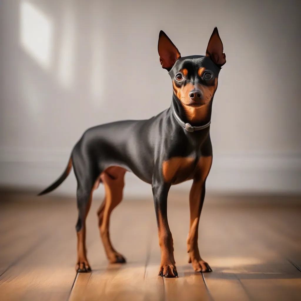 Um cão Pinscher pequeno e robusto, com expressão viva, em pé em um piso de madeira limpo, com fundo desfocado, sob luz natural suave.