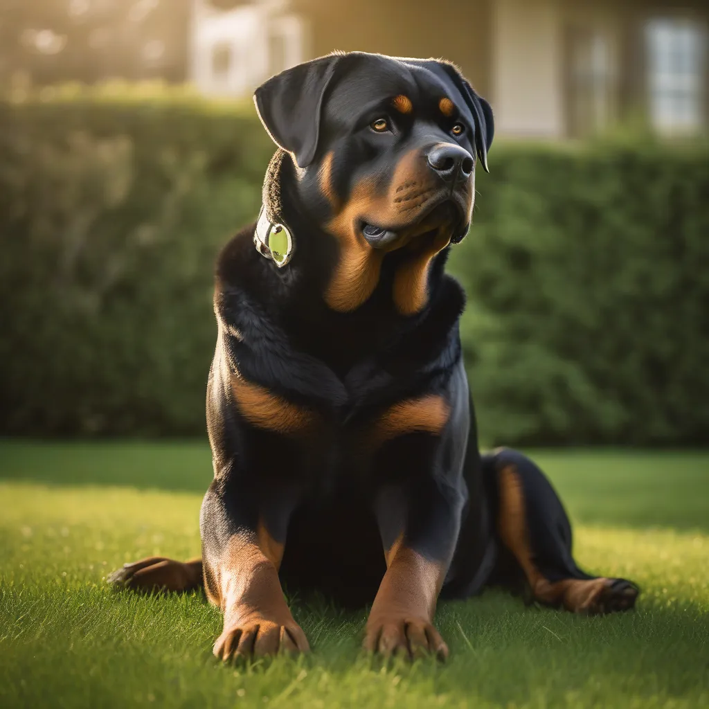 Um Rottweiler majestoso e saudável sentado em um gramado verde, olhando diretamente para a câmera com uma expressão leal.