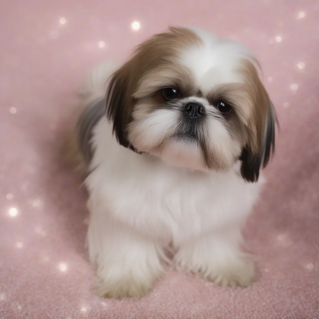 Cão Shih Tzu sentado em tapete, coçando uma pata, com expressão de incômodo no rosto.