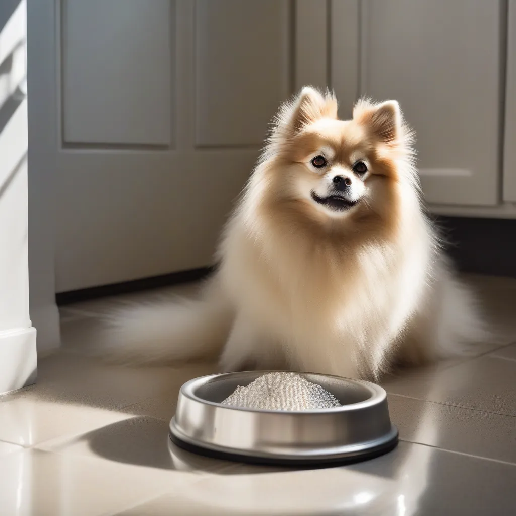Spitz alemão pequeno, de pelos fofos, olhando para uma tigela vazia na cozinha, com o olhar triste.