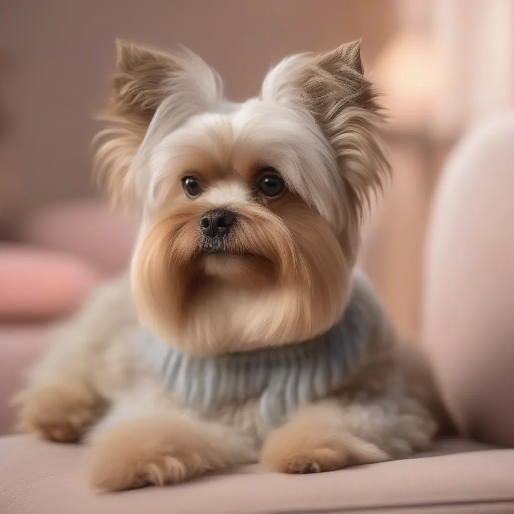 Um cachorro de pelúcia realista e fofo sentado em uma almofada macia e colorida.