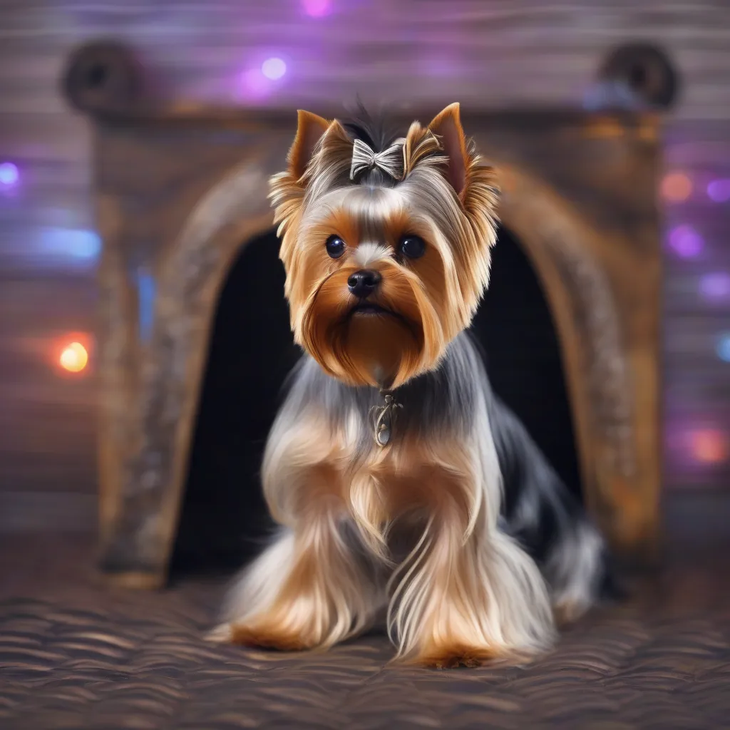 Um cachorro Yorkshire Terrier fofo e de aspecto saudável, com pelo brilhante, sentado em um local aconchegante em casa.