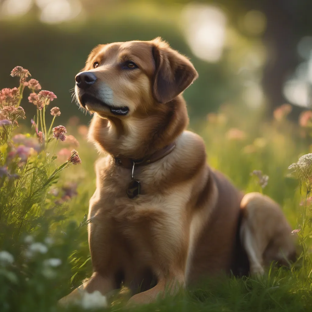Cachorra marrom deitado em gramado verde com flores silvestres ao redor.