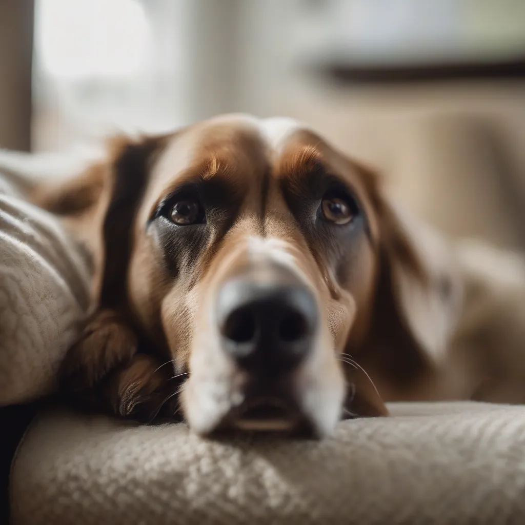 Cão deitado no sofá com expressão triste e cansada.
