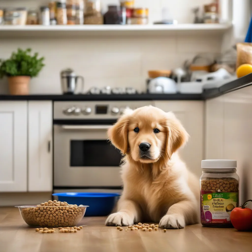 Cachorro dourado fofo sentado no chão da cozinha com comida para cachorro ao redor.