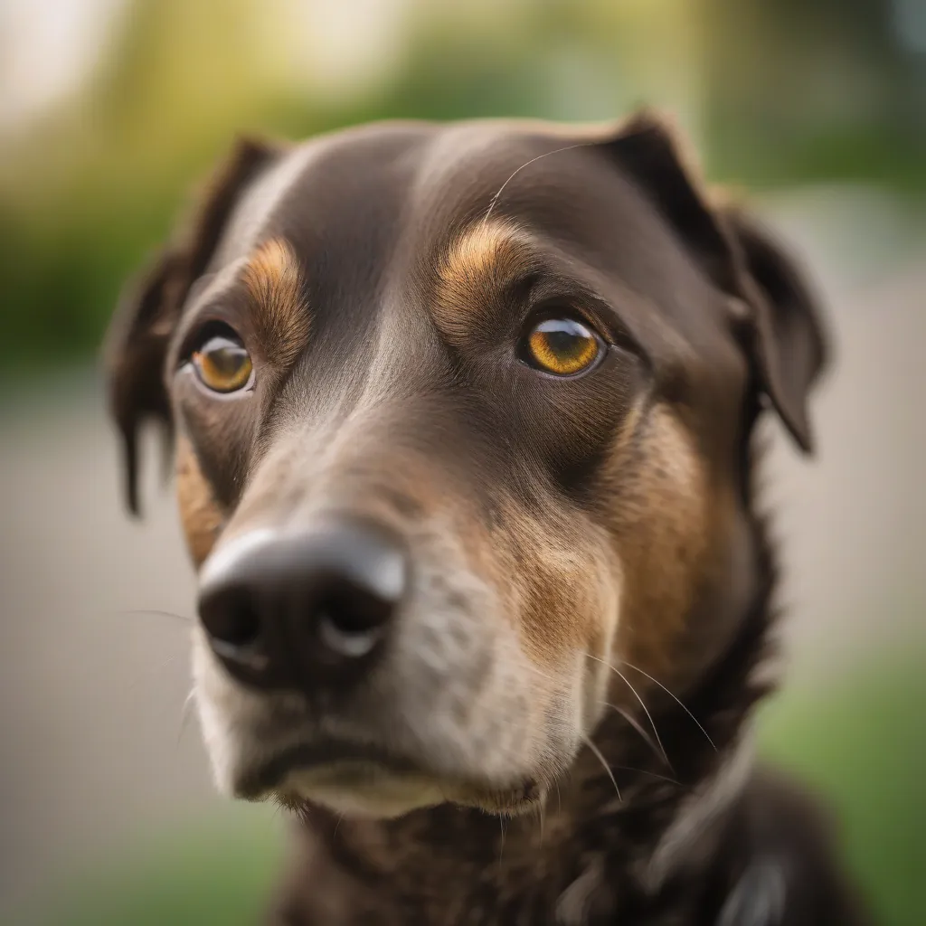 Um cachorro marrom de olhos castanhos com um pouco de secreção transparente no canto do olho, em um fundo verde suave.