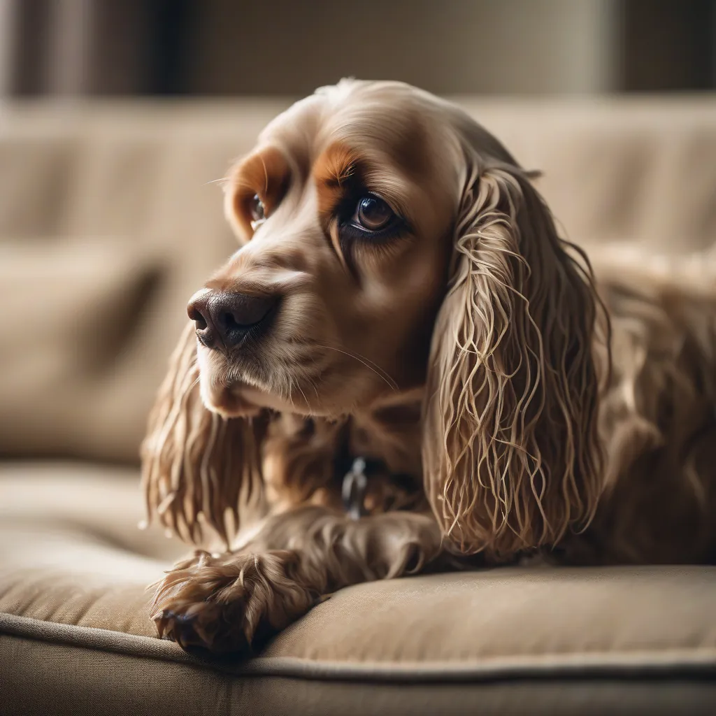 Um cachorro Cocker Spaniel com os olhos lacrimejando, sentado no sofá.