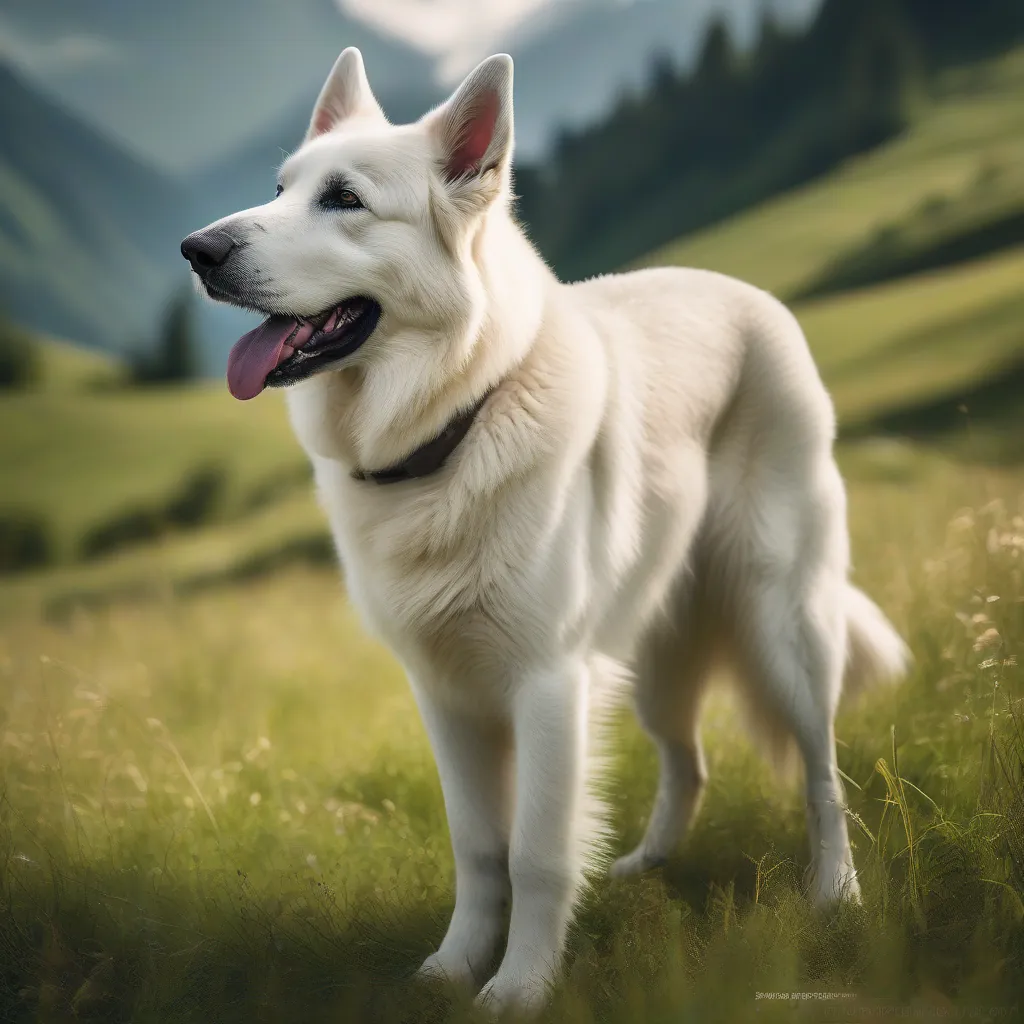 Cão Pastor Suíço Branco em pé em um campo verde com montanhas ao fundo.