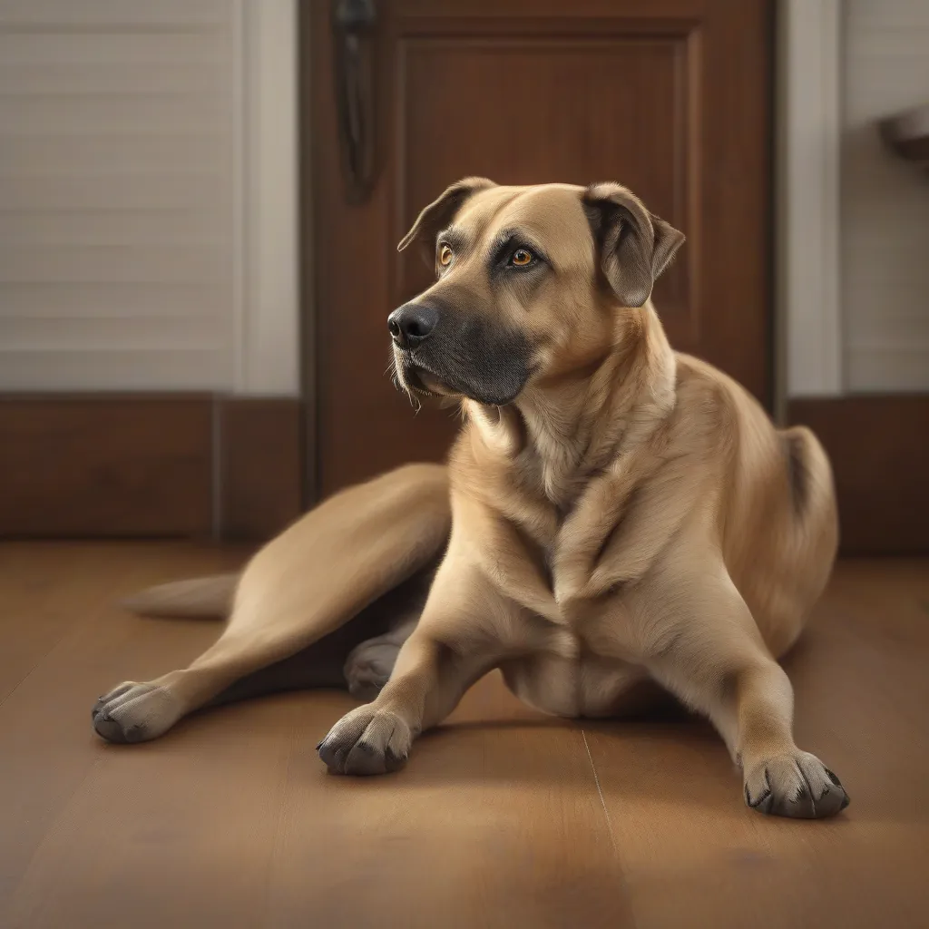 Um cachorro idoso de raça grande, com expressão preocupada, tentando dar um passo em frente com a perna traseira levemente trêmula em um piso interno aconchegante.