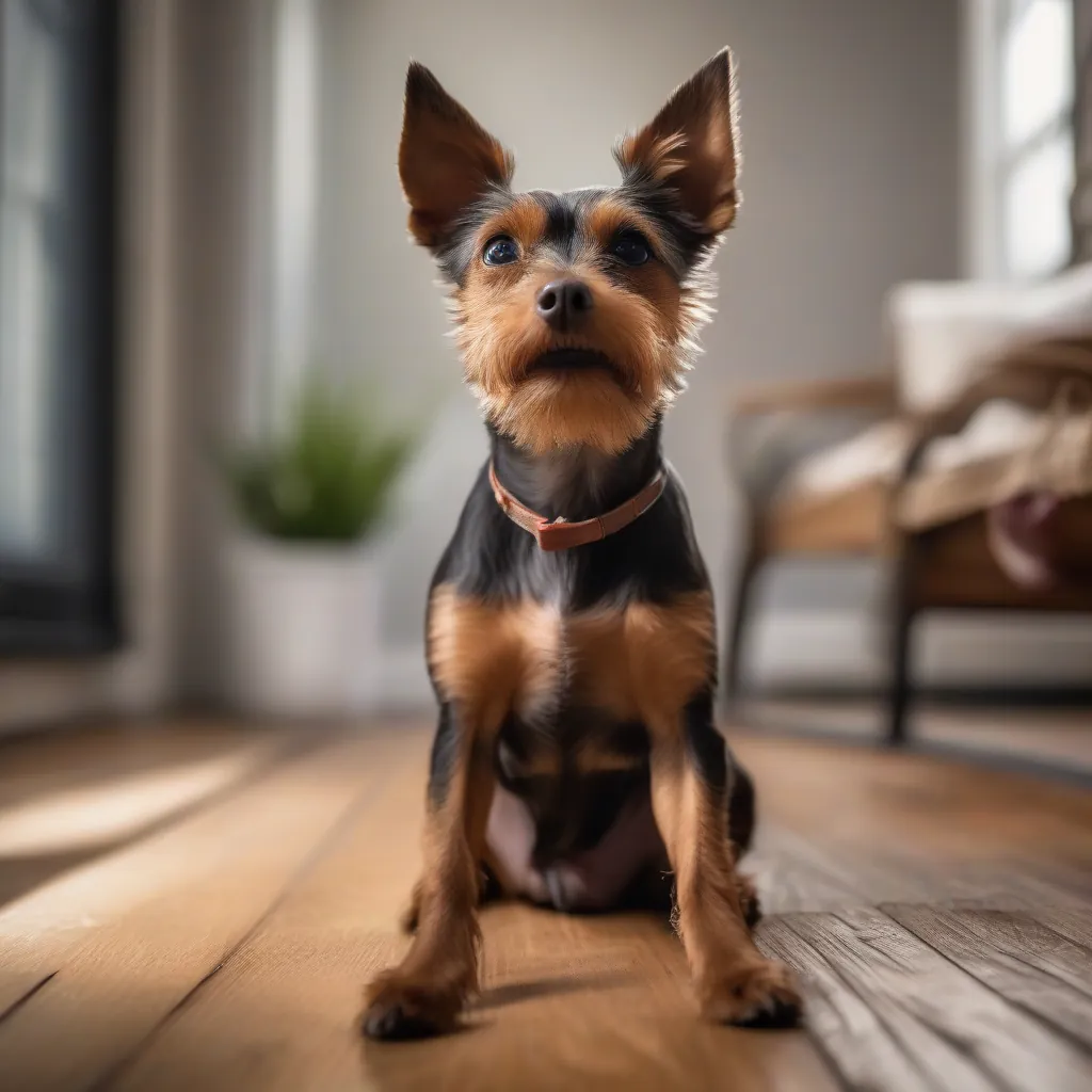 Um cão pequeno e ágil, com características de Pinscher e Yorkshire, em pé em um piso de madeira, com expressão curiosa, em um ambiente aconchegante.