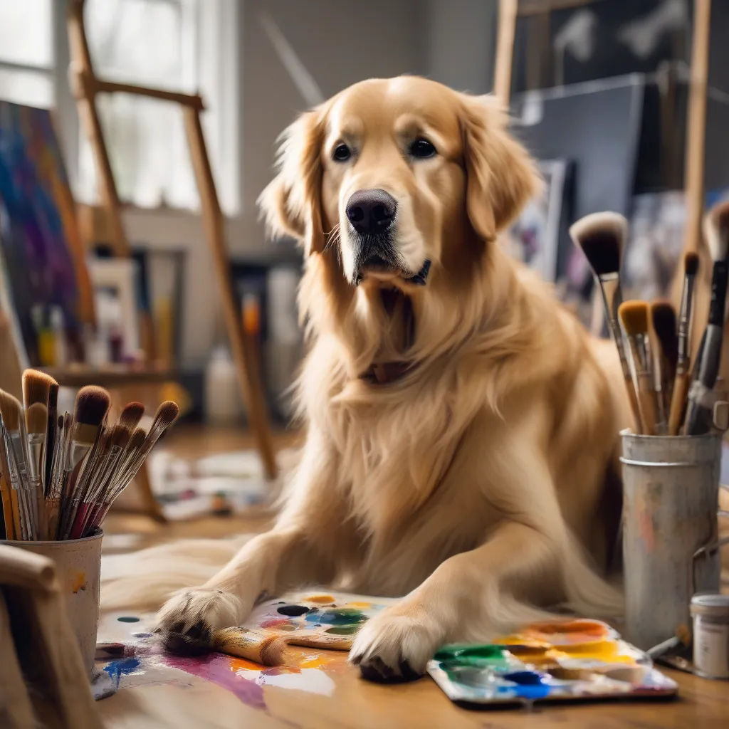 Cão feliz sendo pintado com pincel em um quintal ensolarado com flores e grama.