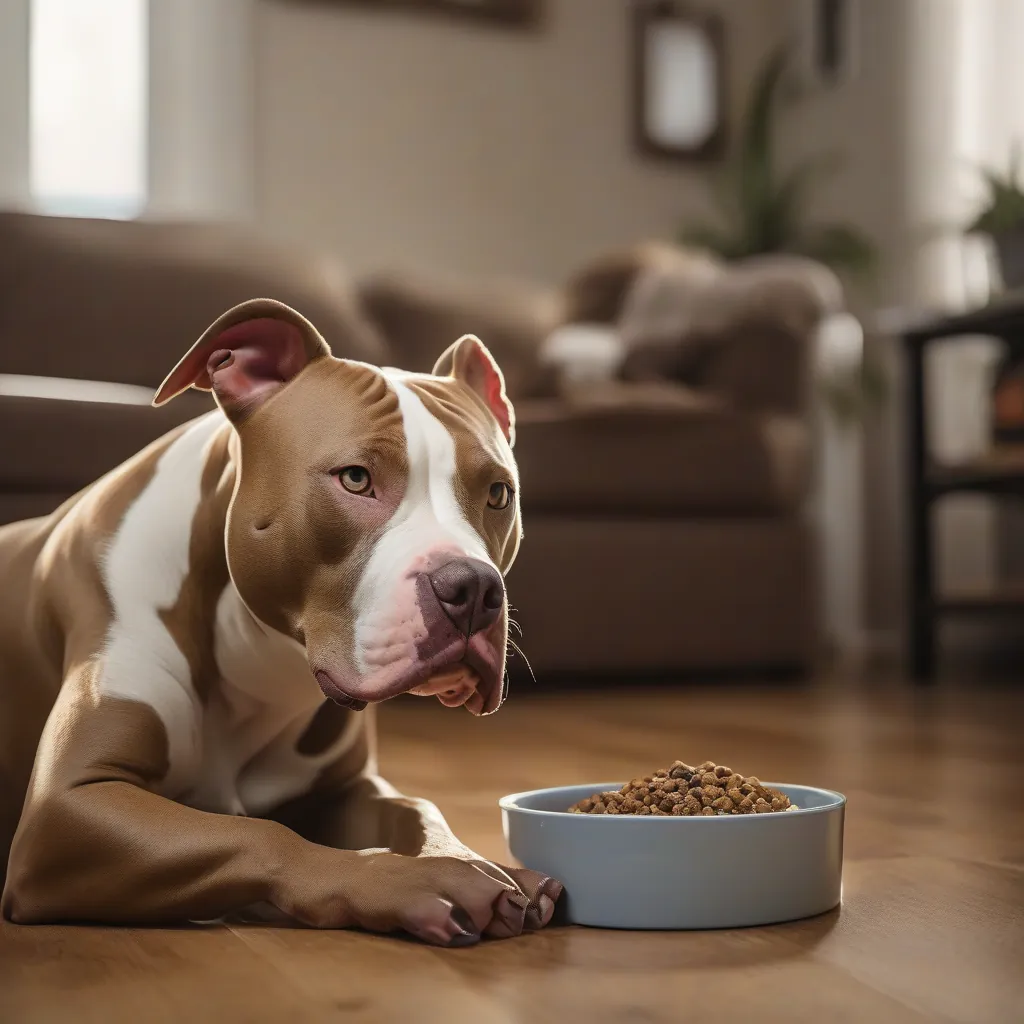 Um pitbull sentado ao lado de uma tigela vazia de comida, olhando para cima com uma expressão preocupada, em um piso de sala de estar aconchegante com iluminação quente.
