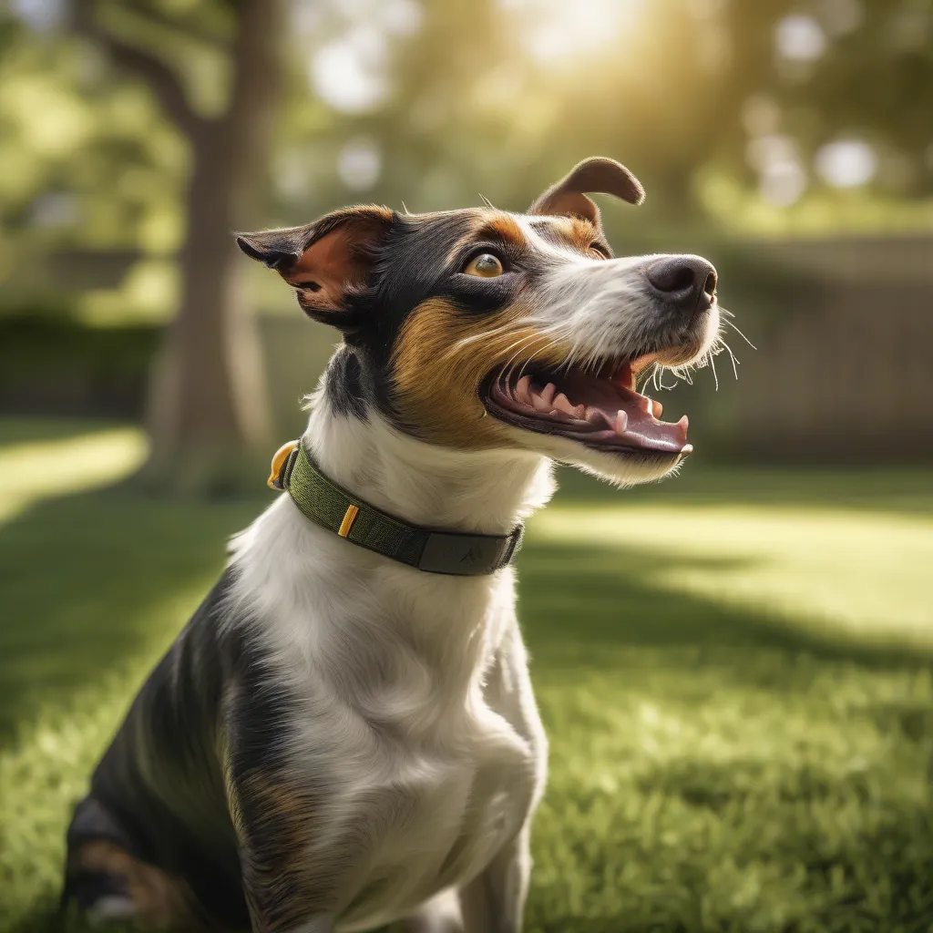 Cachorro de porte médio, focado e latindo em um quintal verde e arborizado.