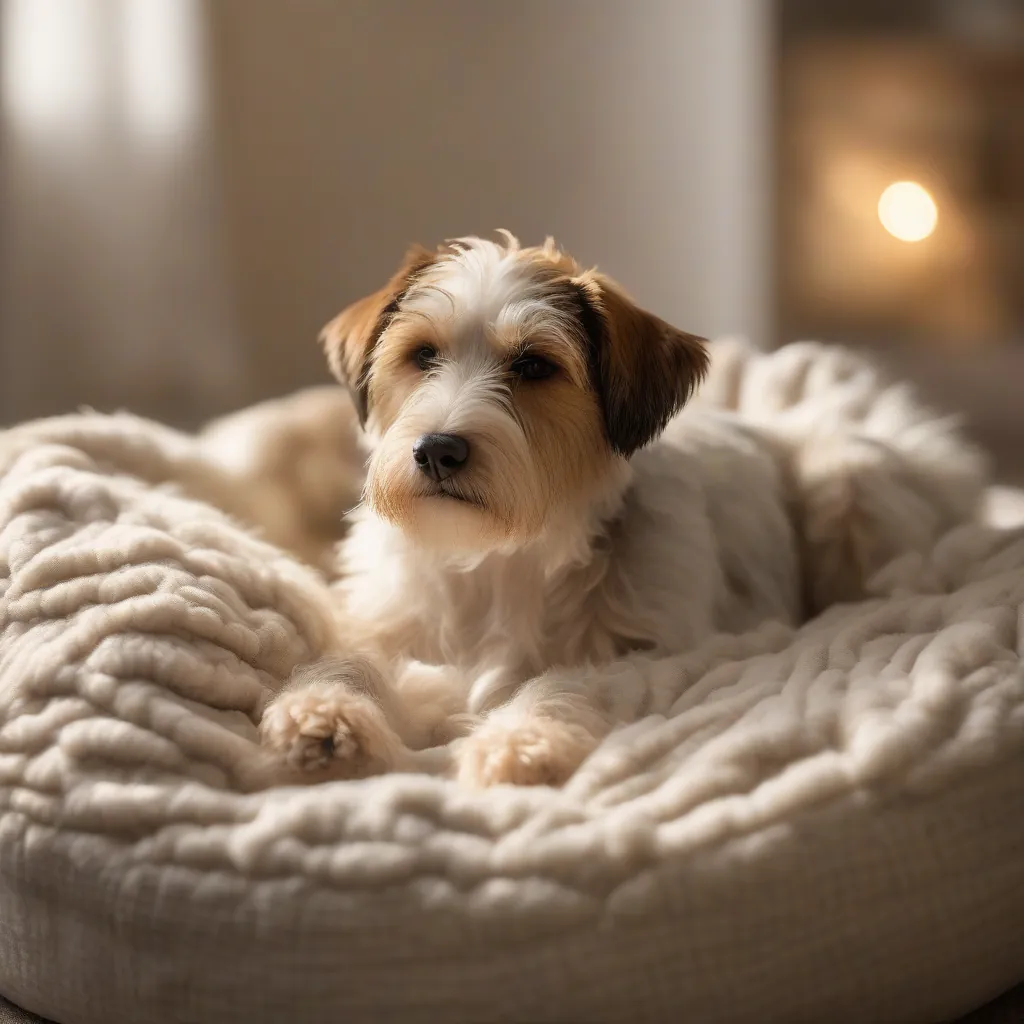 Cachorro pequeno e fofo dormindo em uma cama confortável, com expressão de paz.