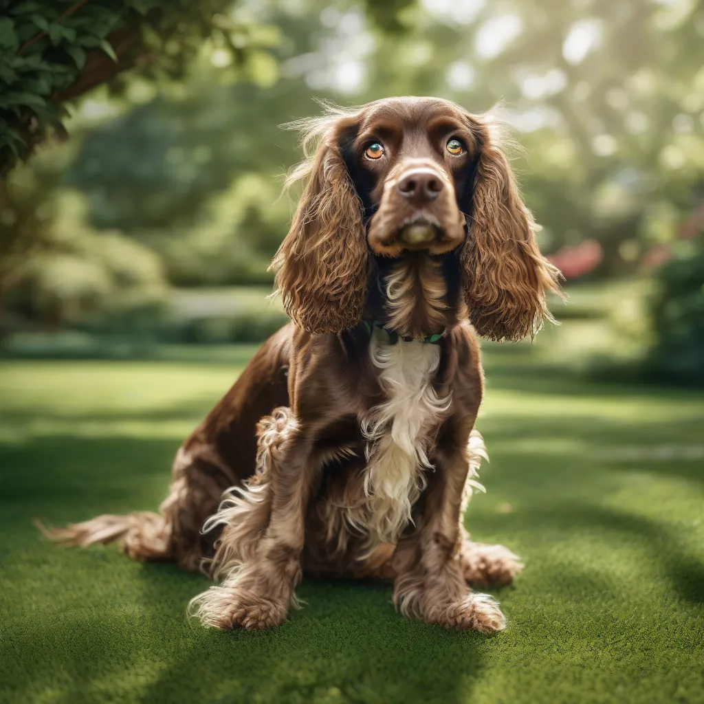 Cachorra Cocker Spaniel marrom e branca olhando para as próprias fezes no quintal gramado.