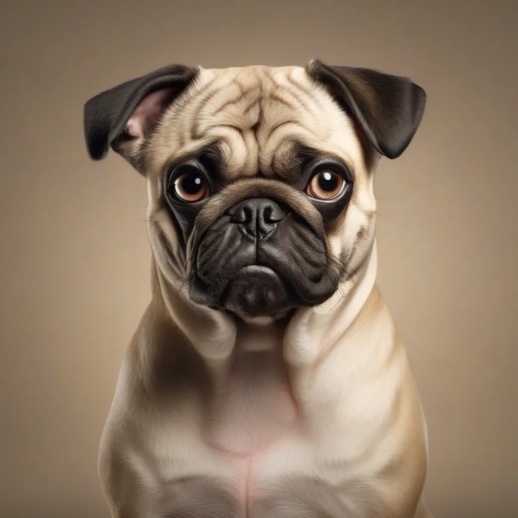 Um cão mestiço Pug com vira-lata, deitado em um fundo aconchegante, com cara achatada e corpo compacto, expressão doce e iluminação natural suave.